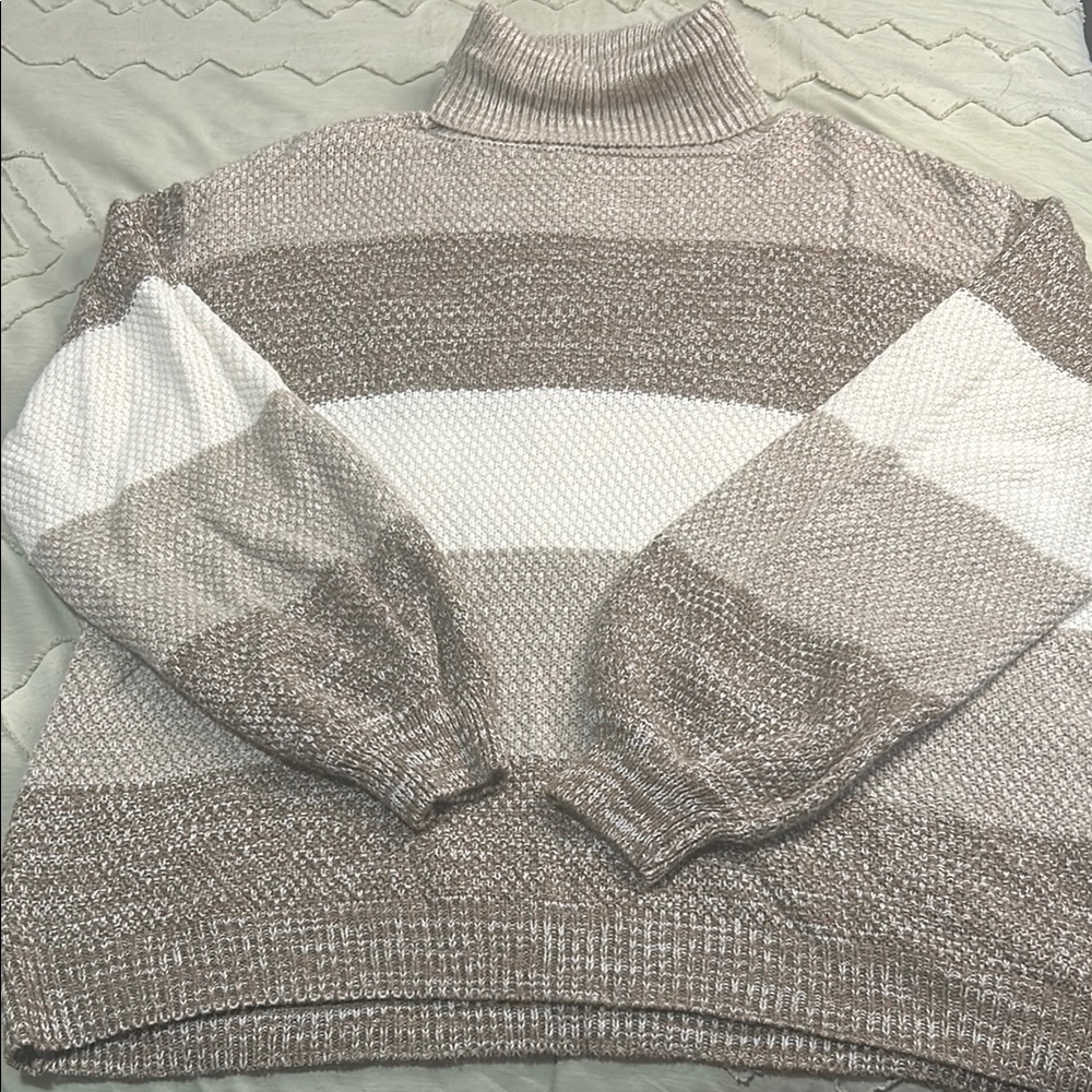 Zenana Outfitters Striped Cowl Neck Sweater - Brown, Cream, White